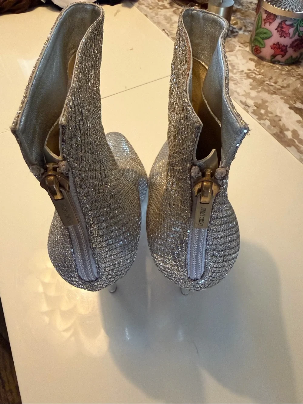 Jimmy Choo Silver Sparkle Pointed-Toe Ankle Booties